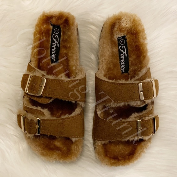 NIB Tan Faux Fur Lined Slides | Cozy Fuzzy Sandals | Forever | Women’s Sizes 5–8 - Picture 5 of 11